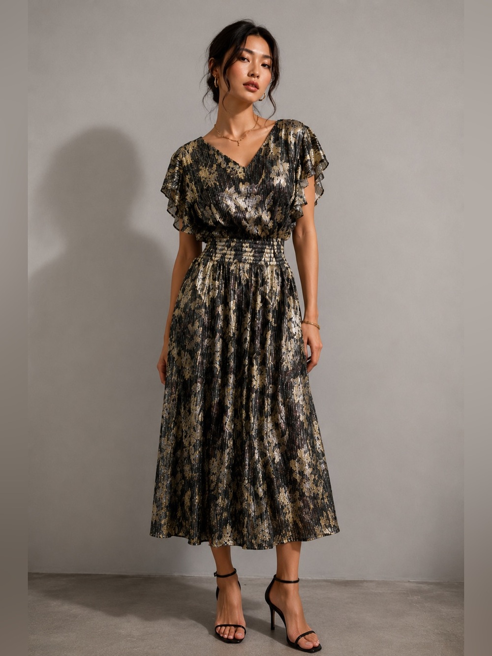 Vince Camuto Gold Black Floral Shimmer Pleated Midi Dress Size M